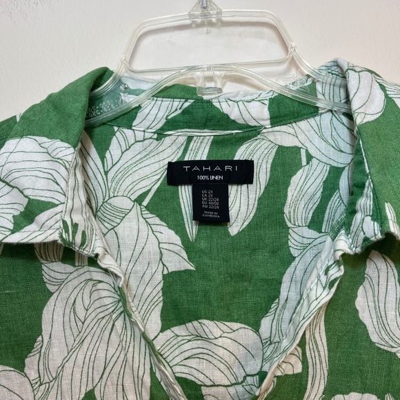 Tahari Blouse 100% Linen Flax Popover Shirt Green White Floral Plus Size 2X - Picture 4 of 5